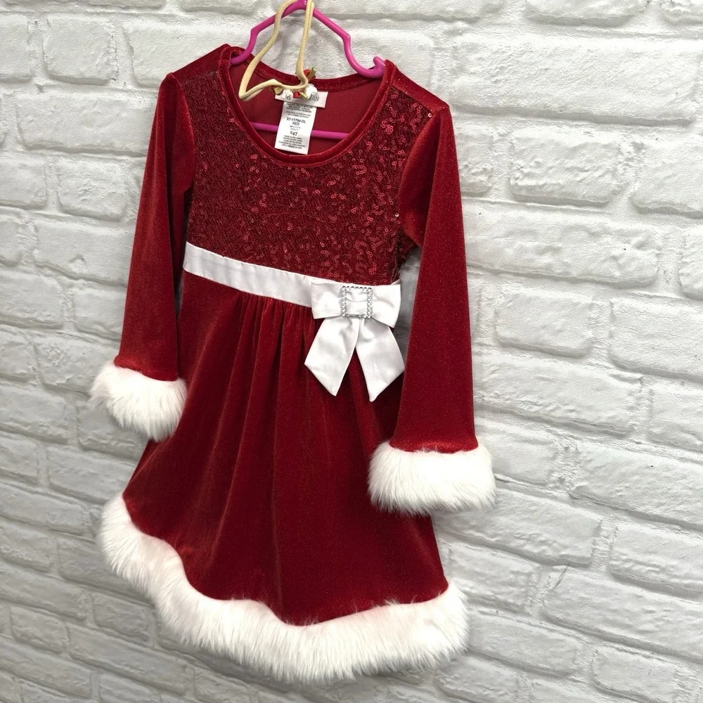 Bonnie Jean Girls 4T Christmas Dress Santa Claus‎ Red Sequin White Fur Trim